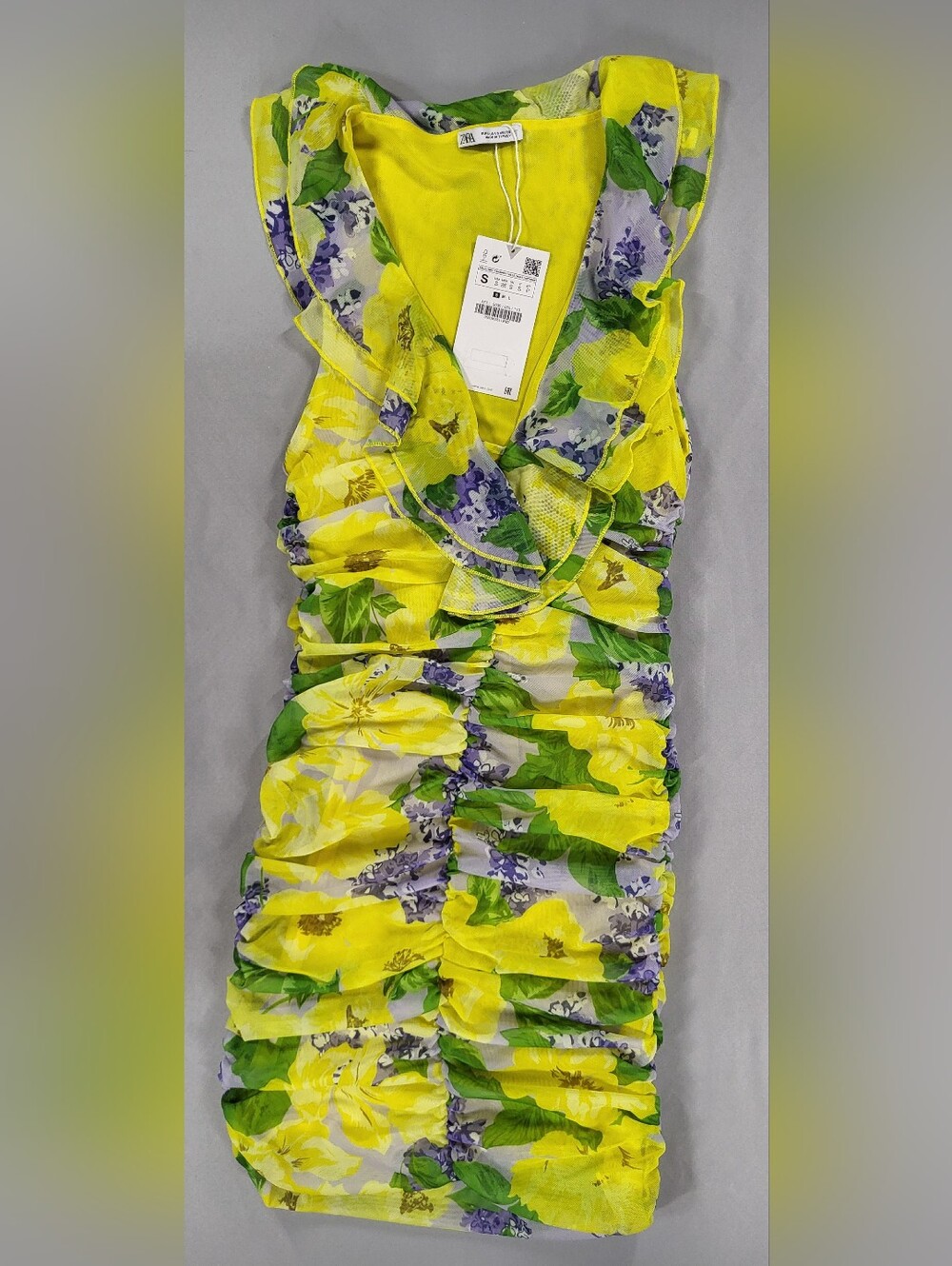 Zara Yellow Floral Printed Tulle Ruched Bodycon Mini Dress with Ruffles   Sz S